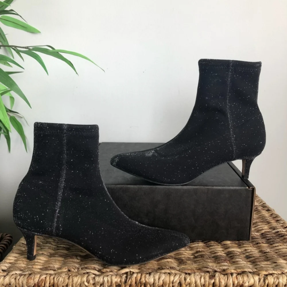 Rebecca Minkoff Sayres Black Glitter Kitten Heel Booties 8 - Sparkly Party Boot
